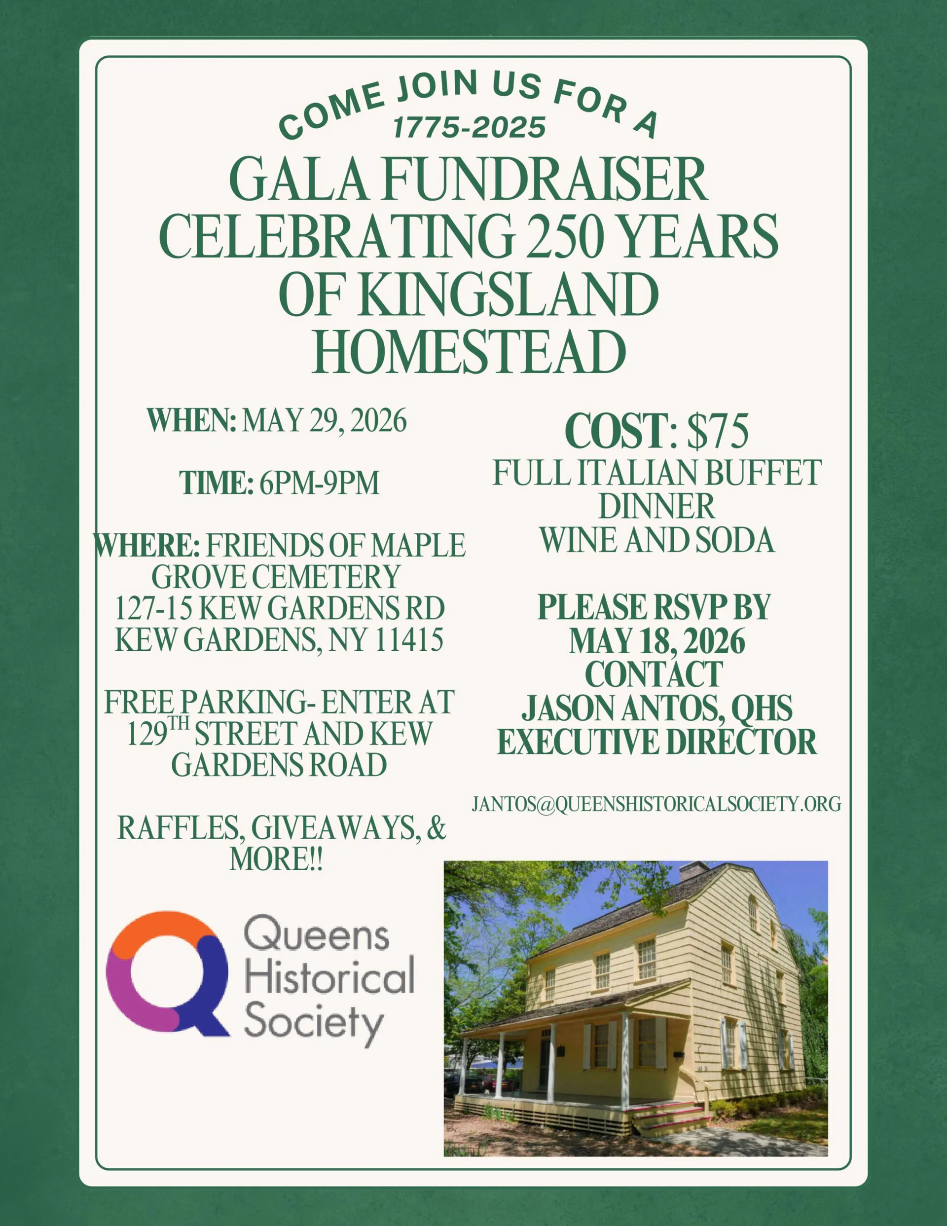 Green-bordered fundraiser flyer with event details, location, cost, RSVP info, and photograph of a yellow historic house with a porch.