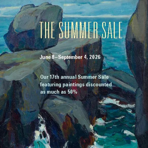 Summer Sale promotional graphic with coastal rock formation painting, dates June 8–September 4, 2026, and discount details up to 50% off.
