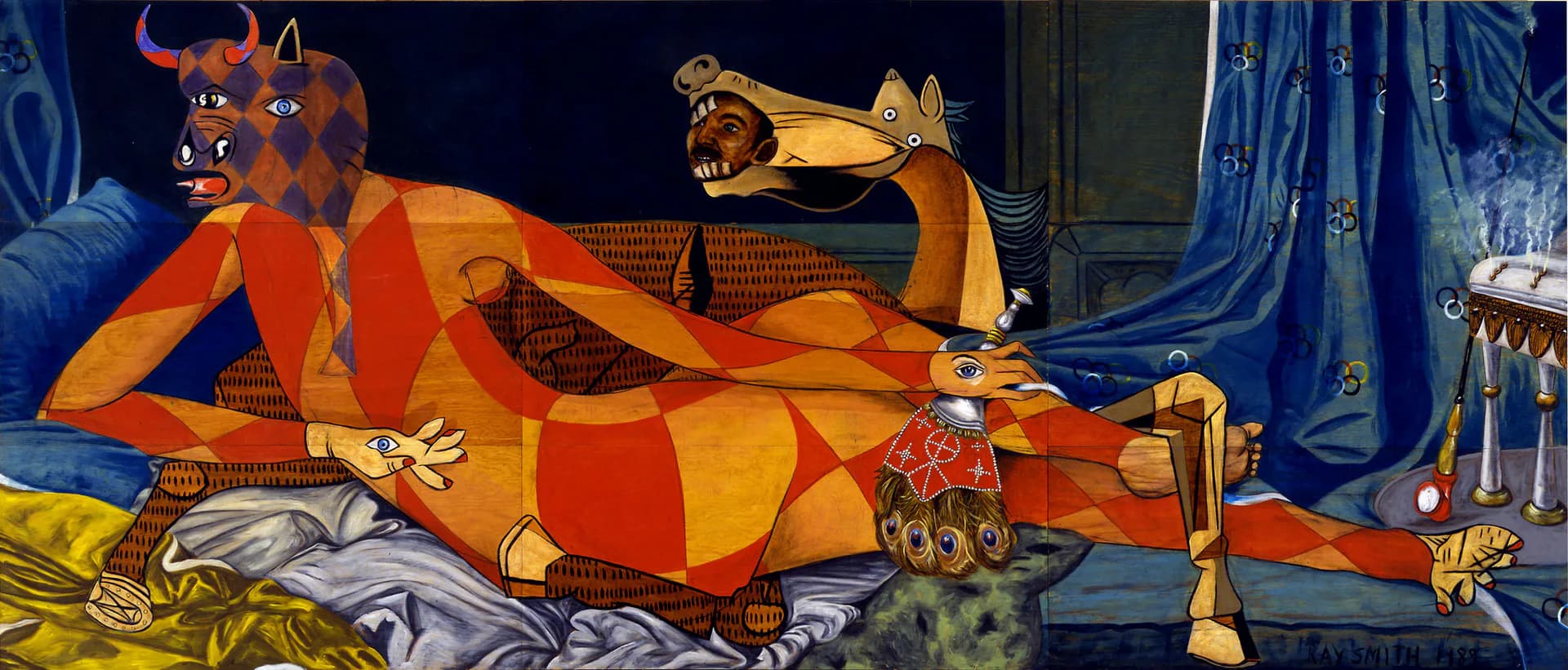 Stylized mural or large-scale painting featuring reclining orange and yellow figures with mythological and surreal imagery against deep blue background.