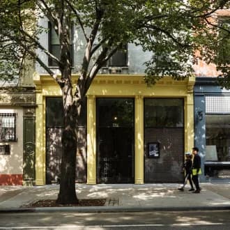 Street-level storefront exterior of the Renee & Chaim Gross Foundation with yellow-painted frame, dark windows, and a large tree in front.
