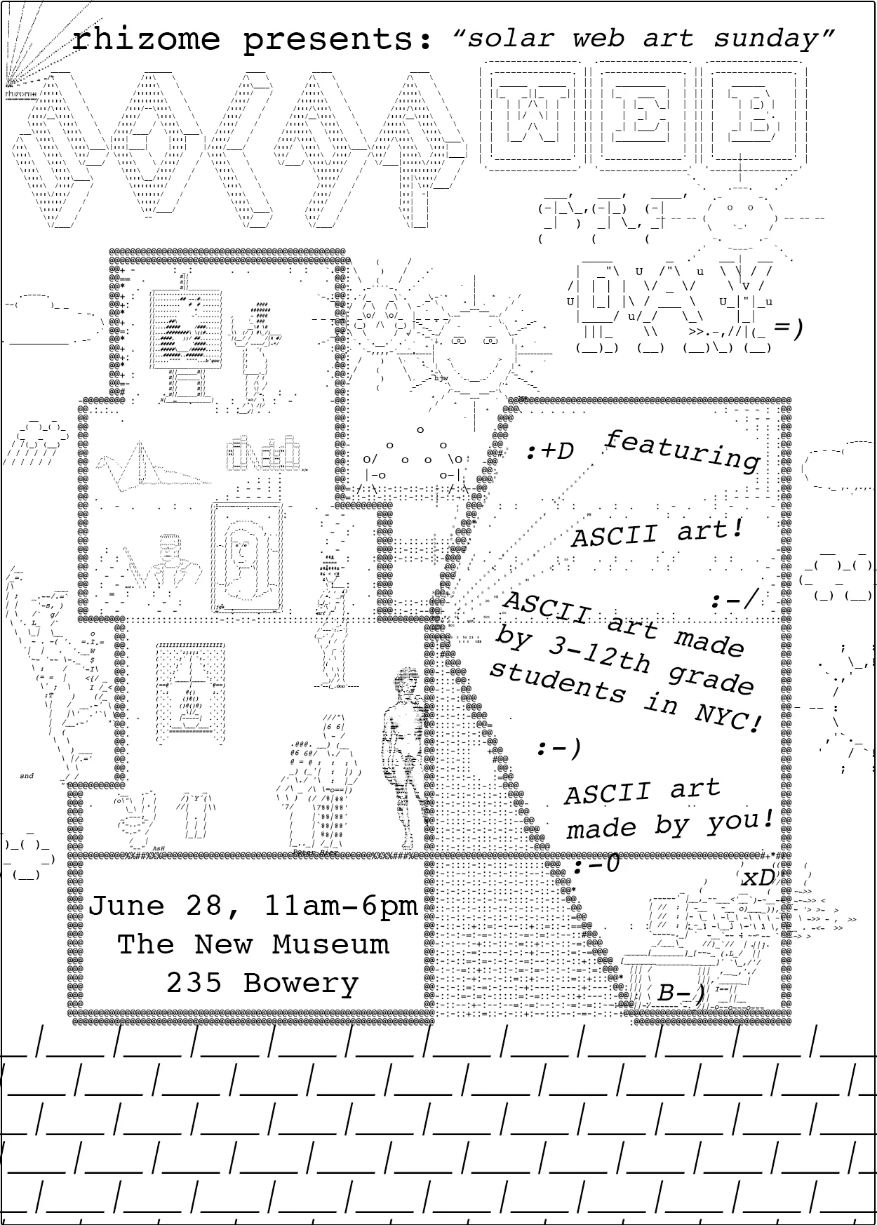 Rhizome 'Solar Web Art Sunday' event flyer featuring ASCII art designs, sun imagery, and event details for June 28 at The New Museum in NYC.