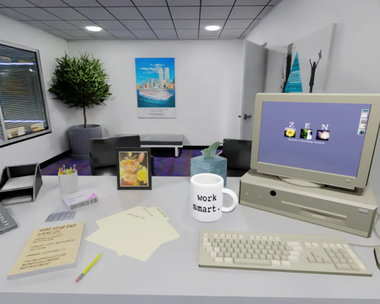 Photograph of a white office workspace with vintage computer monitors, purple accents, plants, sticky notes, and a 'Work Smart' mug on the desk.