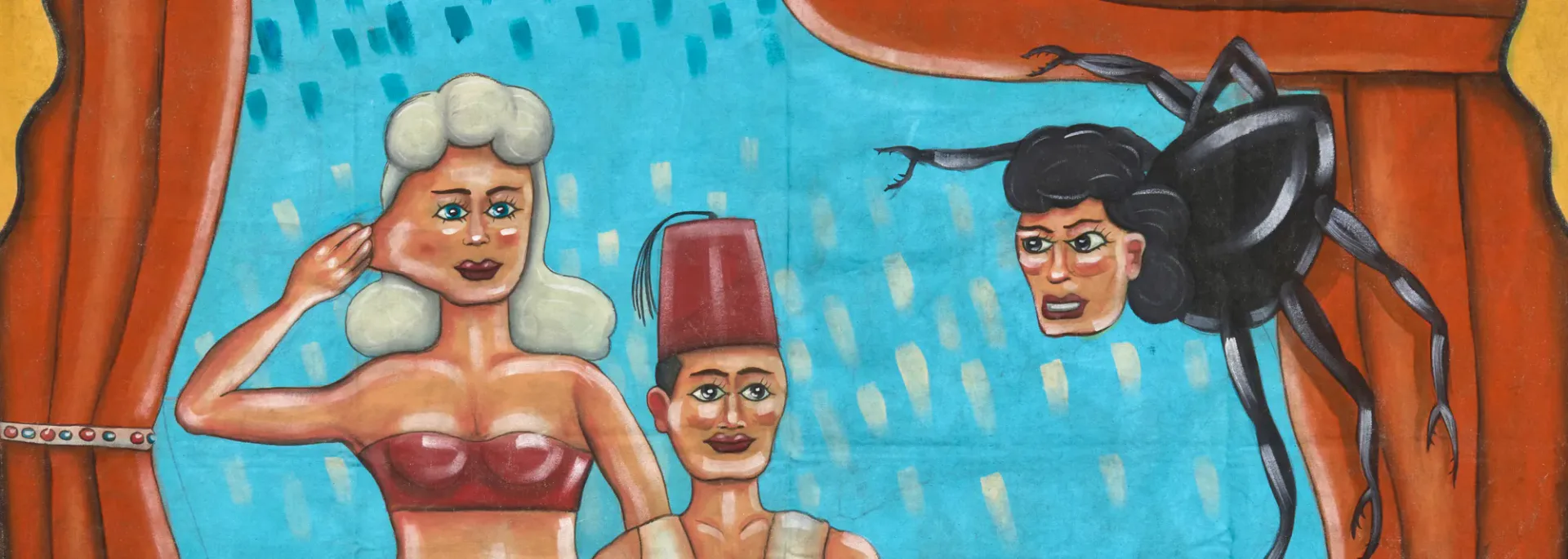 Vibrant painting similar to previous work, showing stylized figures in profile with orange and teal tones, featuring a woman with platinum waves, smaller figure in red hat, and dark-haired figure against blue background with decorative border.