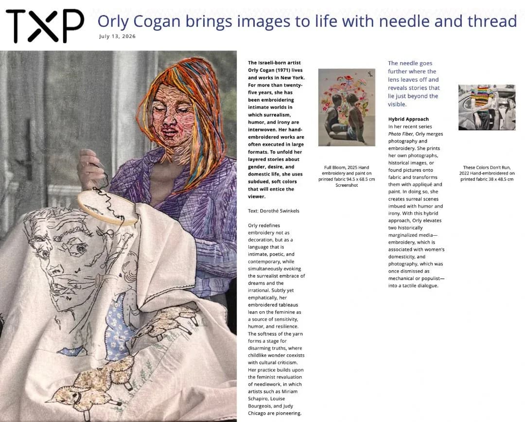 Magazine or exhibition page titled 'Orly Cogan brings images to life with needle and thread,' featuring a portrait of a woman embroidering on fabric with colorful thread work.