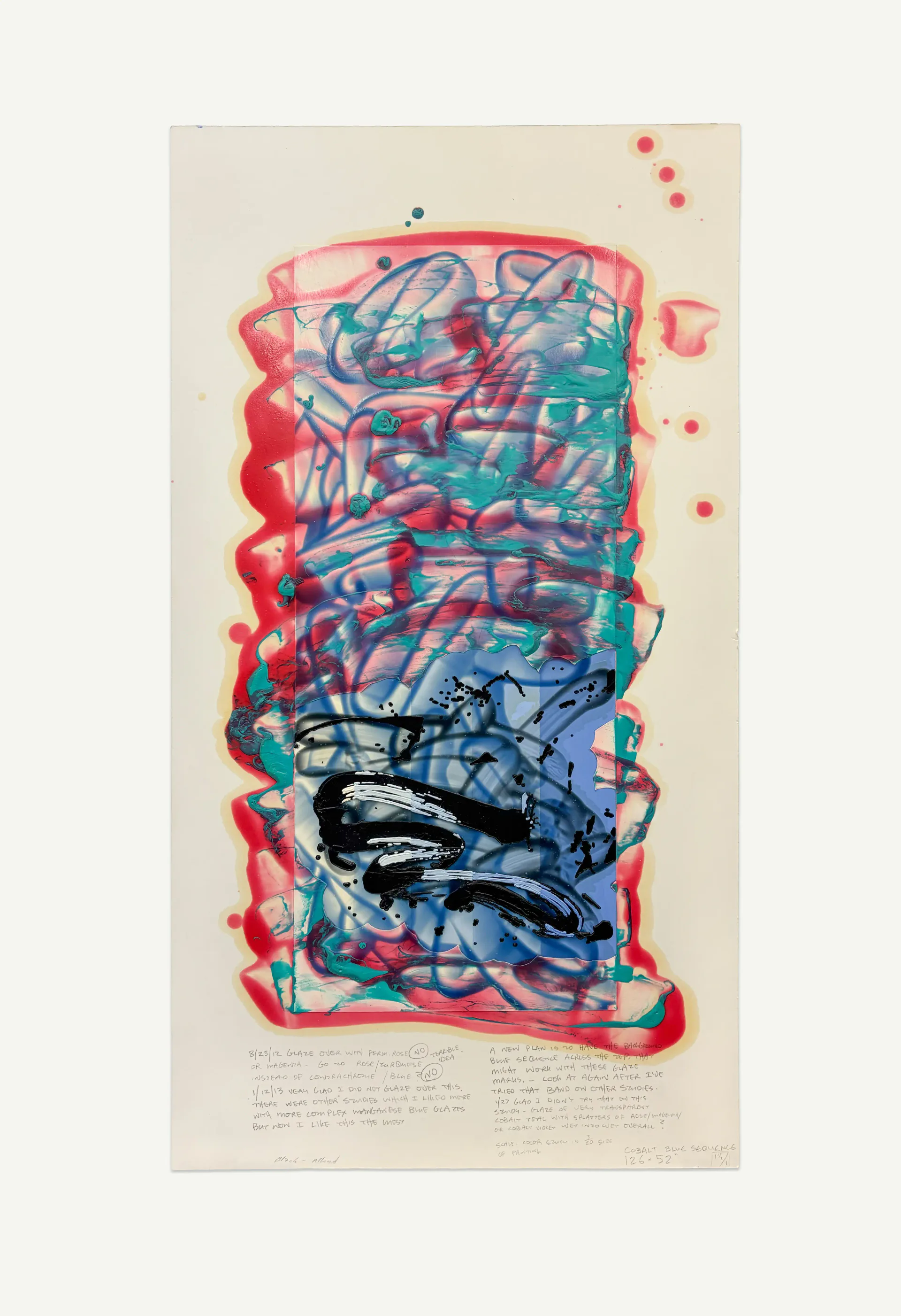 Mixed-media artwork with layered abstract composition: central gestural black lines on blue and teal background, framed by bold pink-red wavy border, with scattered red circular elements and text at bottom.