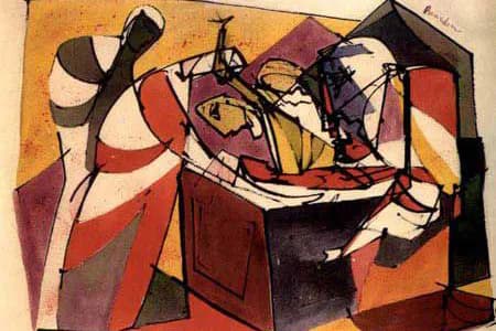 Abstract mixed-media collage with geometric shapes in red, cream, black, and ochre tones, featuring fragmented angular forms suggesting figures and architectural elements.