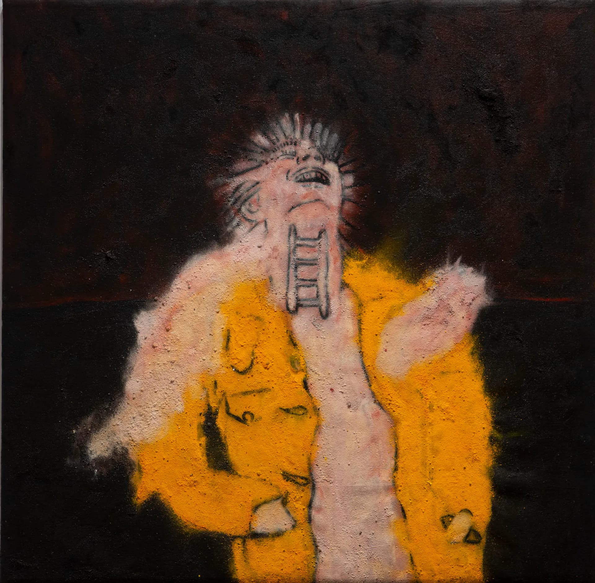 Mixed-media artwork featuring a figure with a shaved head wearing a bright yellow coat with white fur collar against a dark background, with geometric tattoo-like markings on the chest.