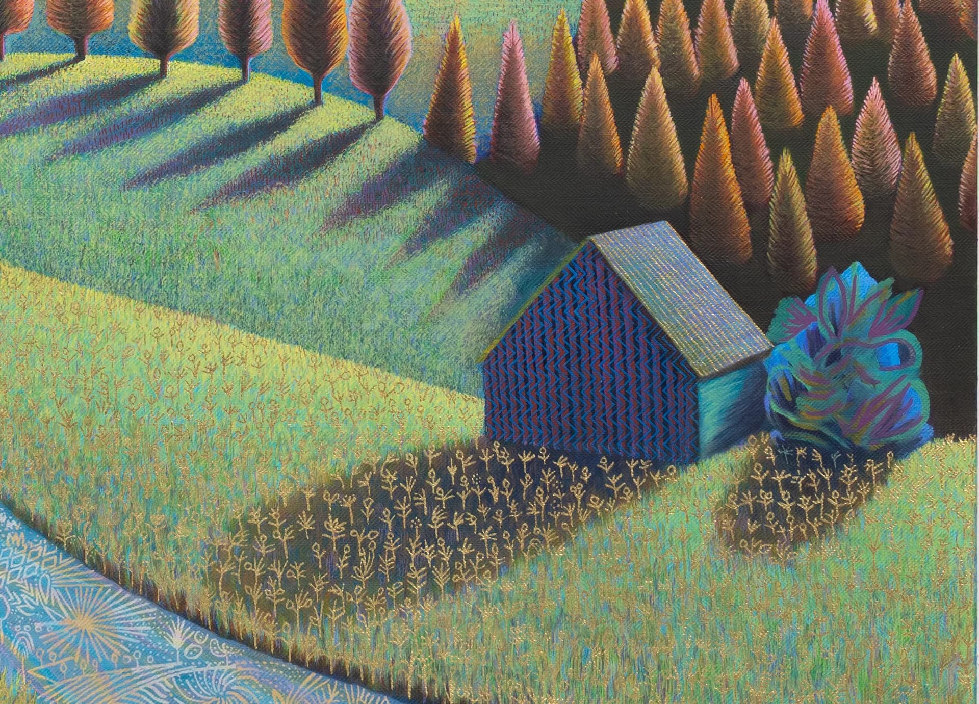 Vibrant colored-pencil landscape painting featuring a blue barn, patterned fields, conical evergreen trees, and an ornate flowering shrub in greens, yellows, and earth tones.