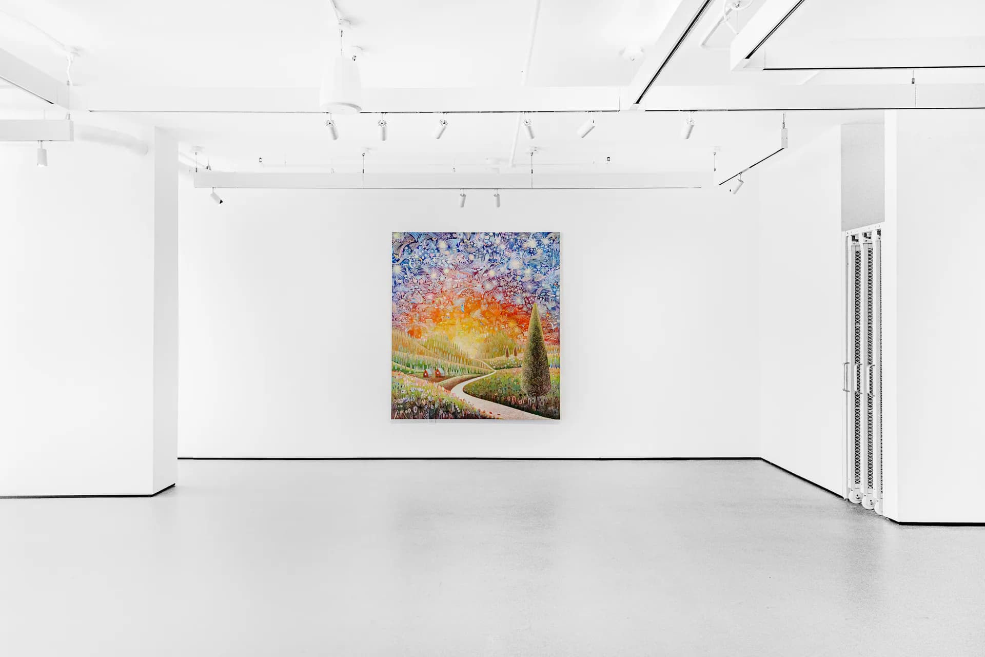 Minimalist white gallery interior with track lighting, a single small landscape painting hung on the far wall.
