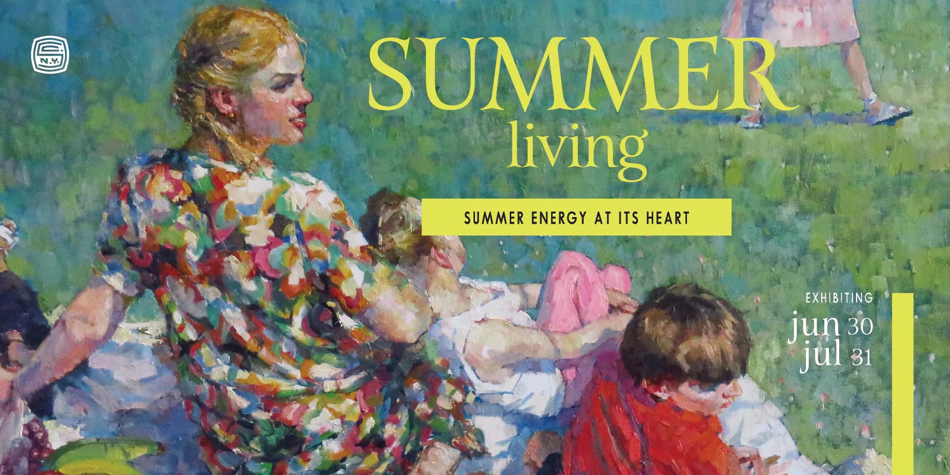Exhibition promotional graphic for 'Summer Living' featuring impressionist painting of woman and child, yellow text overlay, and tagline 'Summer energy at its heart.'