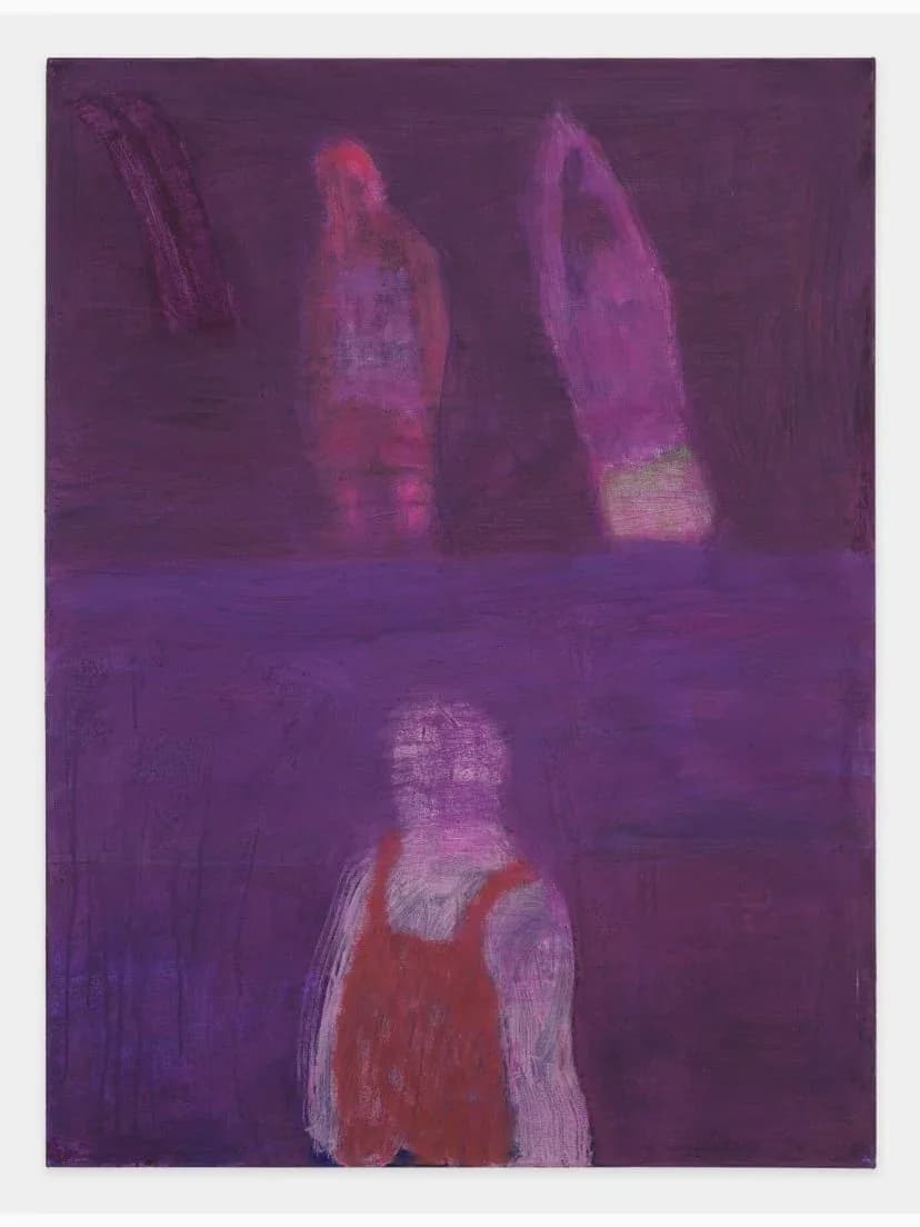 Painting with purple and magenta tones depicting abstracted figures or forms against dark background.