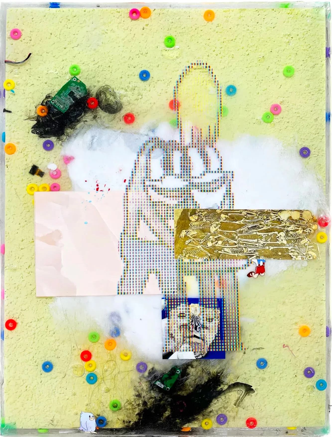 Mixed-media collage on yellow background with colorful beads, found objects, gold foil, white clouds, and dotted outline figure.