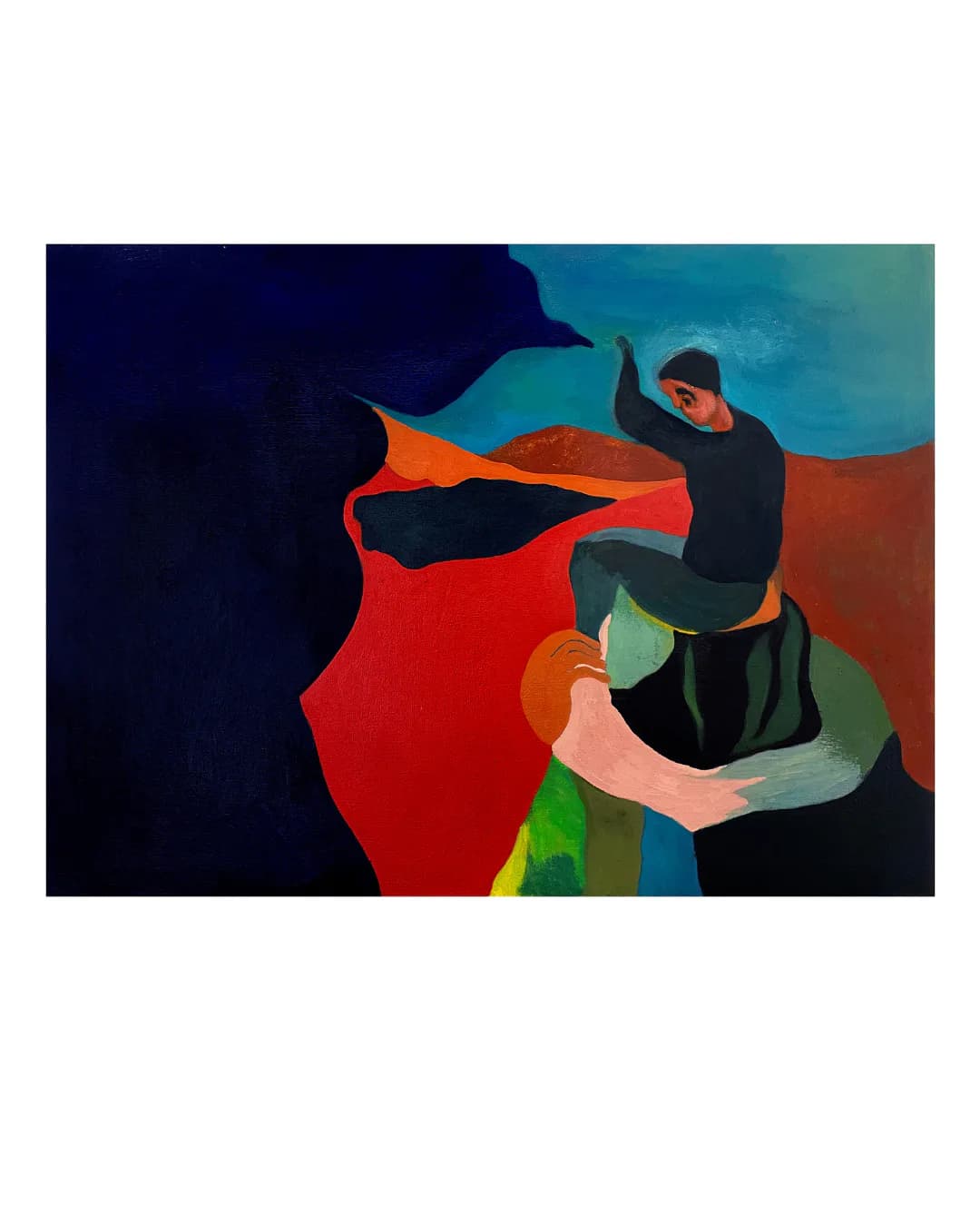 Abstract painting depicting a silhouetted figure with bold red, orange, black and blue geometric forms against teal and warm background.