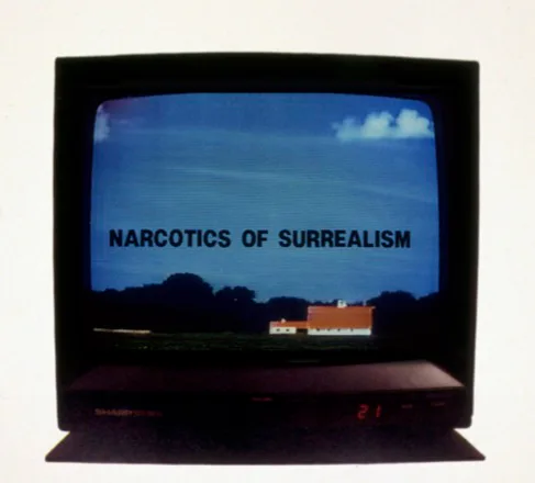 CRT television screen displaying text 'NARCOTICS OF SURREALISM' against blue sky and rural building landscape.