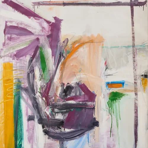 Abstract mixed-media painting with vibrant purple, yellow, green, and blue gestural marks on light background.