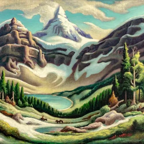 Landscape painting depicting snow-capped mountains, forest, and turquoise lake in warm earth and cool tone palette.