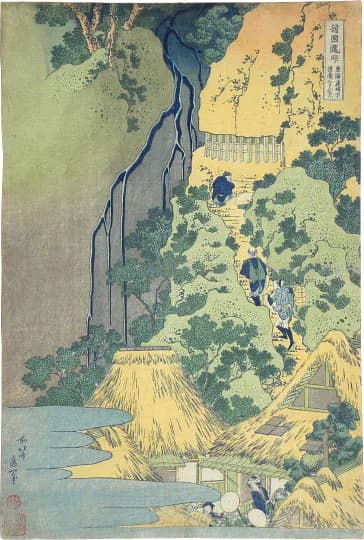 Japanese woodblock print depicting a tall waterfall cascading into a pool, with lush green vegetation and a small structure on the right; pale blue, green, and cream tones.