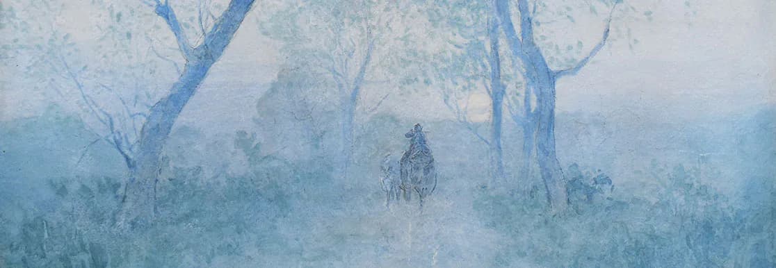 Soft, misty landscape painting in blues and grays showing bare trees and a distant mounted figure emerging from fog; serene, atmospheric composition.