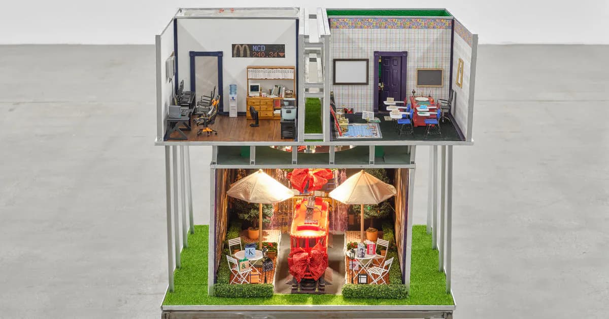 Mixed-media diorama with two levels: upper residential rooms and lower storefront with red lanterns, depicting an urban street scene with miniature furnishings and figures.
