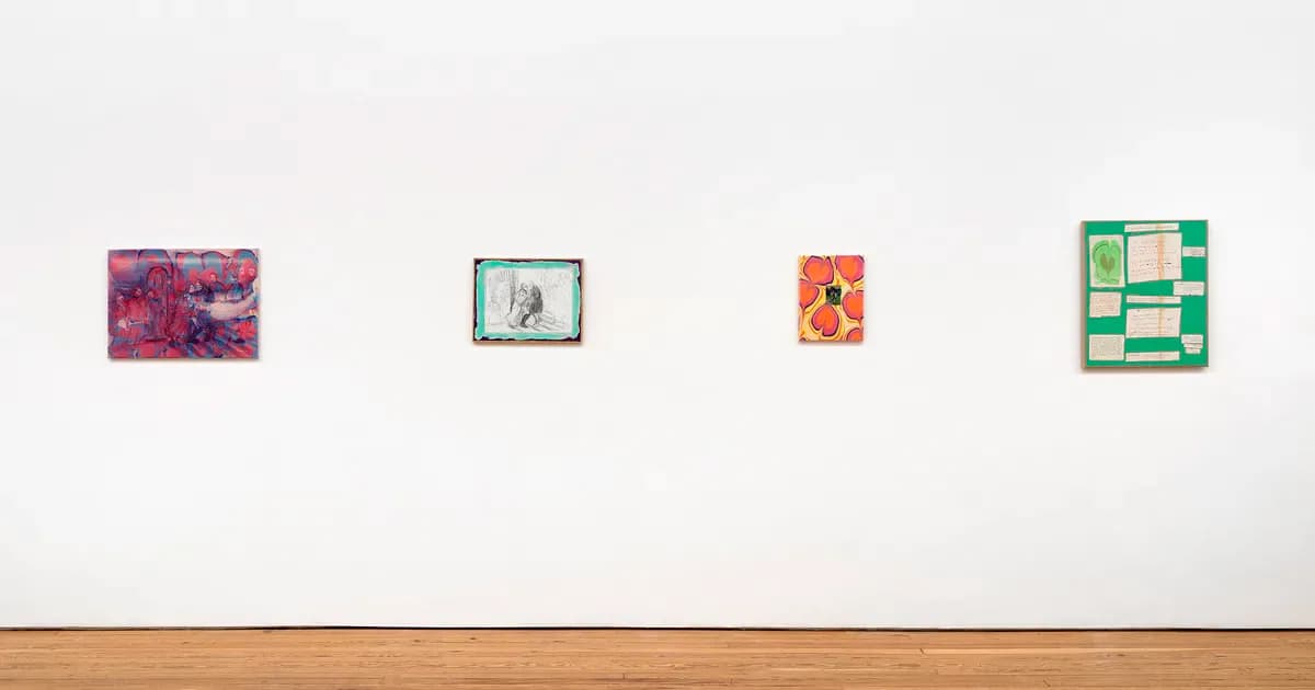 Gallery wall displaying four framed artworks in varying sizes and colors—magenta, teal, orange, and green—spaced across white wall above wooden floor.