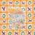Densely patterned mixed-media composition with repeating geometric and figurative elements in orange, yellow, and multicolored tones throughout.