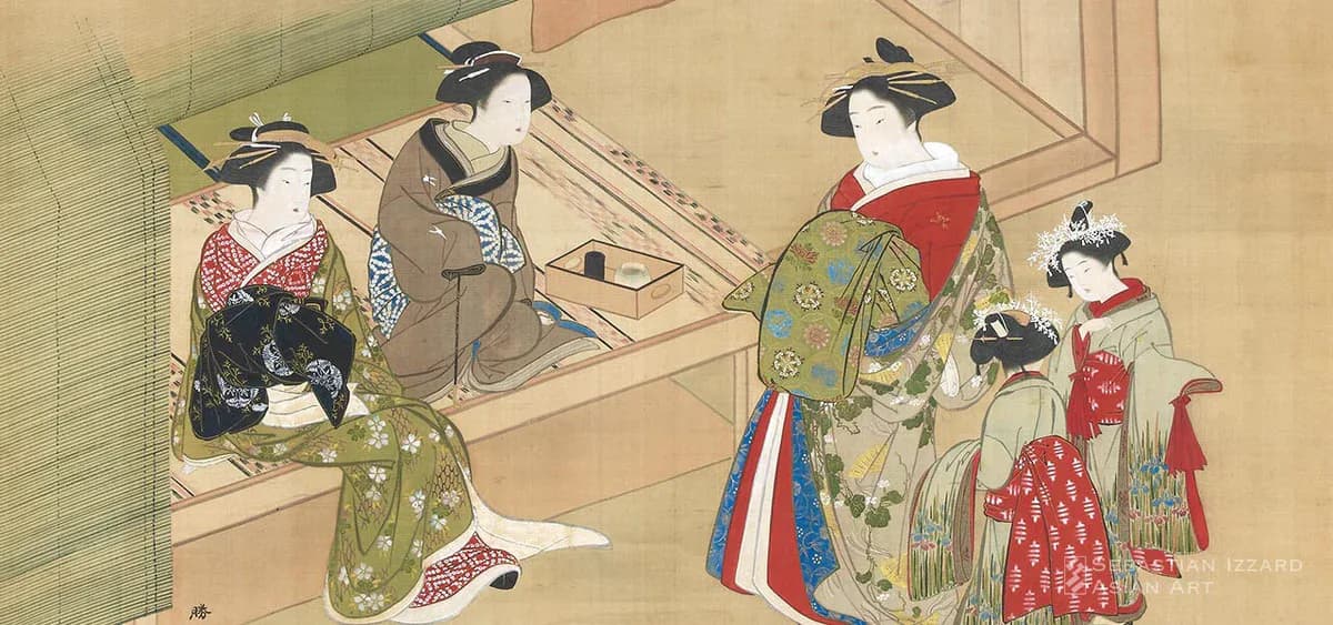 Japanese ukiyo-e woodblock print depicting five women in elaborate kimonos and traditional dress in an interior setting with wooden beams.