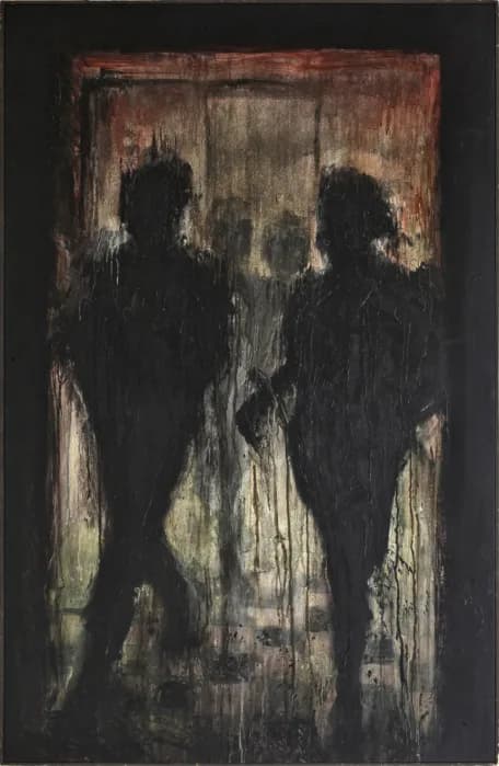 Dark expressionist painting depicting two shadowy figures viewed through or reflected in a window, rendered in black, gray, and rust tones.