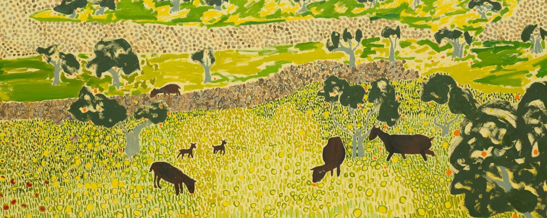 Pastoral landscape painting with silhouetted animals grazing in yellow-green fields and dappled tree shadows, rendered in muted earth tones.