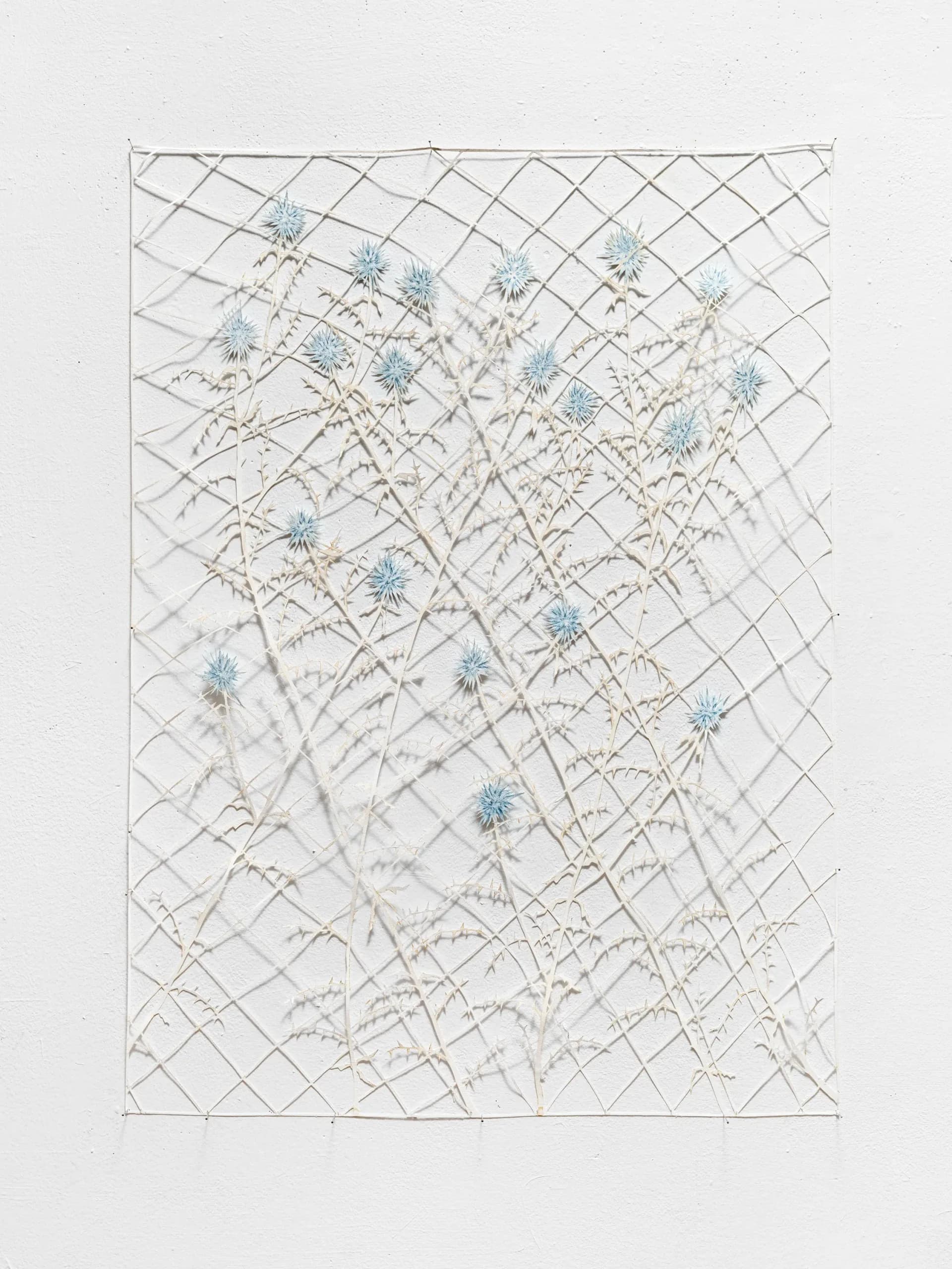 Mixed-media artwork featuring a distorted diamond grid pattern overlaid with numerous botanical line drawings and multiple blue flower blooms distributed across the composition.