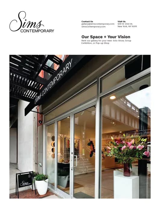 Storefront of Sims Contemporary in Chelsea, with large glass doors, white frame, interior gallery visible with flower arrangement and artwork; daytime street view.