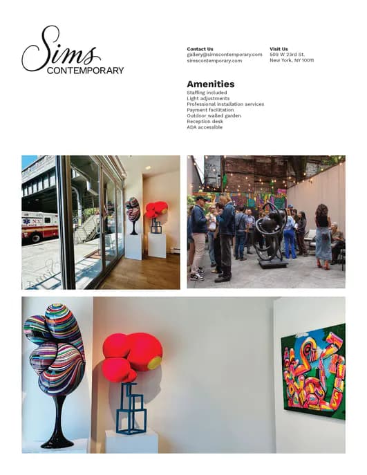 Four images of Sims Contemporary interior: gallery entrance with sculptures, crowded opening reception, colorful sculptural works on pedestals and wall, and vibrant abstract painting on white wall.
