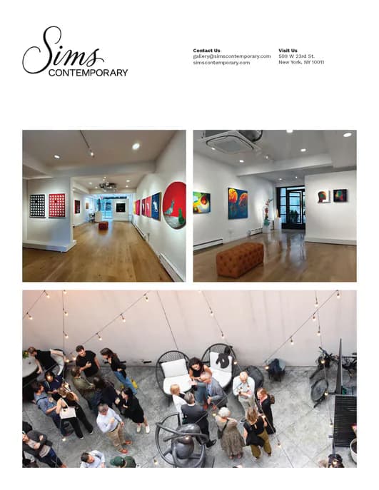 Three photos: two gallery interiors showing contemporary artwork on white walls with varied installations including red sculpture and paintings; one overhead view of crowded event space with white tent.