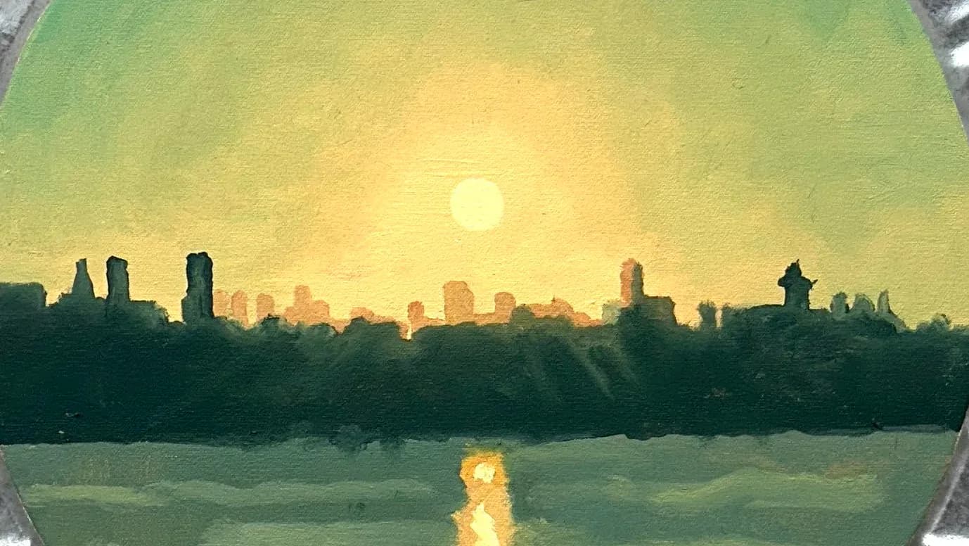 Mixed-media painting of Manhattan skyline at sunset with silhouetted buildings against yellow-green sky, water reflection below in muted greens and blues.