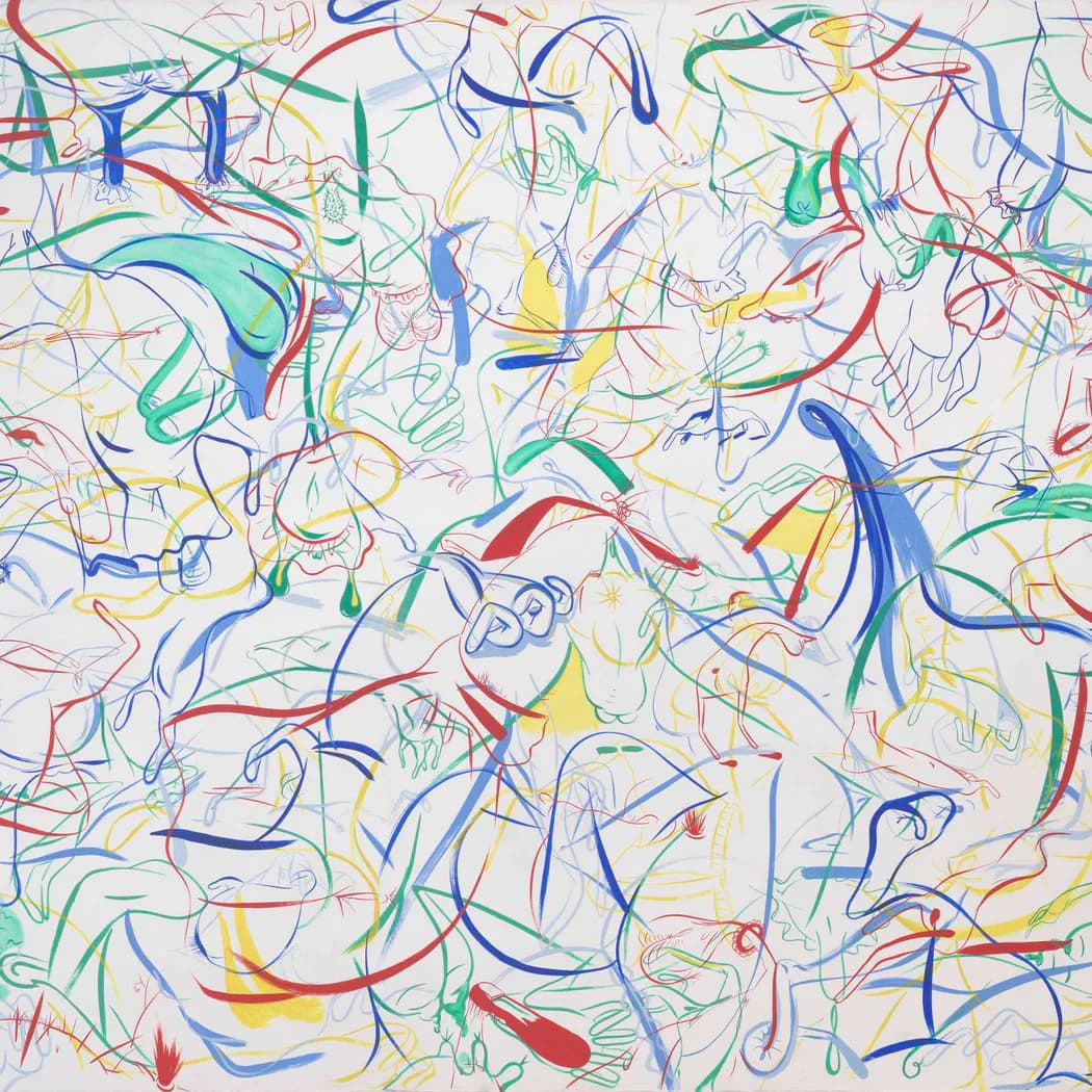 Abstract expressionist painting with energetic multicolored curved lines and gestural marks in blue, green, red, and yellow on white paper.