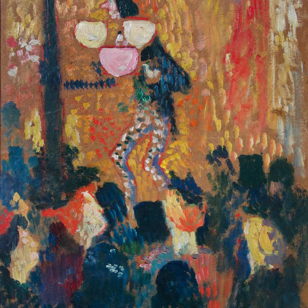 Expressionist painting featuring a dark figure with large round eyes and patterned clothing against a warm, layered background of ochre, red, and blue tones.