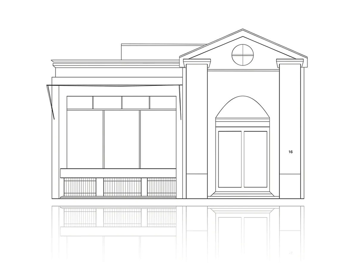 Architectural line drawing of a two-story commercial storefront with large display windows, arched entrance door, and classical molding details rendered in black ink.