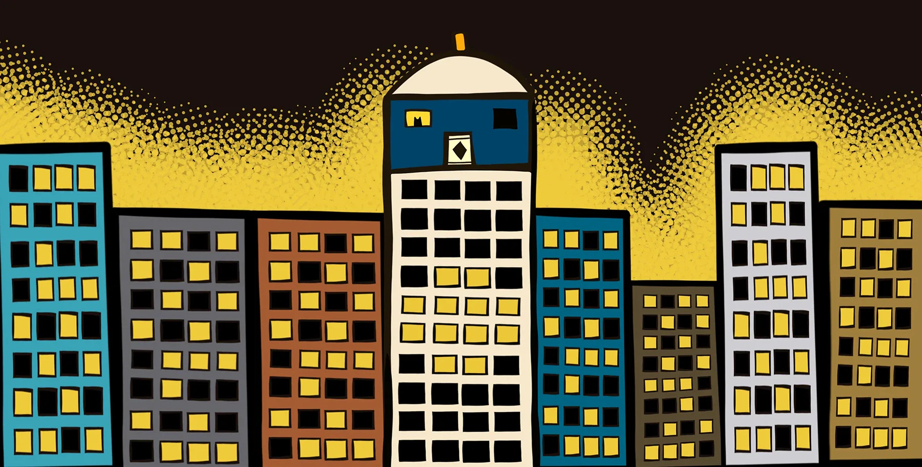 Pop-art style illustration of city skyline with yellow and gold buildings featuring grid windows against dark sky.