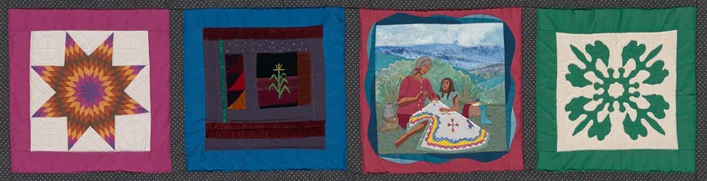 Four textile quilt patches in pink, blue, red, and green frames displaying traditional Native American star, geometric, figurative, and floral designs.