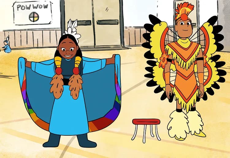 Illustration of two figures in Native American regalia inside a tipi; left figure wears blue cape with rainbow trim, right figure wears yellow and orange feathered outfit.