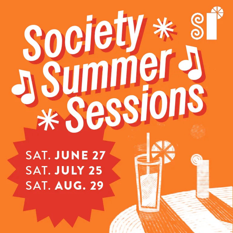 Orange promotional poster for Society Summer Sessions with white text, musical notes, and summer-themed icons; three Saturday dates listed in a red starburst.