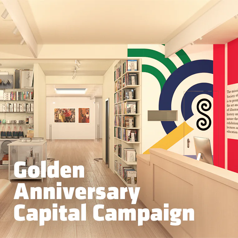 Interior library space with modern branding logo in green, navy, and yellow; white text reads 'Golden Anniversary Capital Campaign' overlaid on the scene.