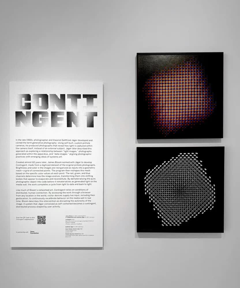 Two framed mixed-media artworks with geometric dot patterns: top piece features red and blue dots forming a sphere on black; bottom piece shows white dots forming a rotated square on black.