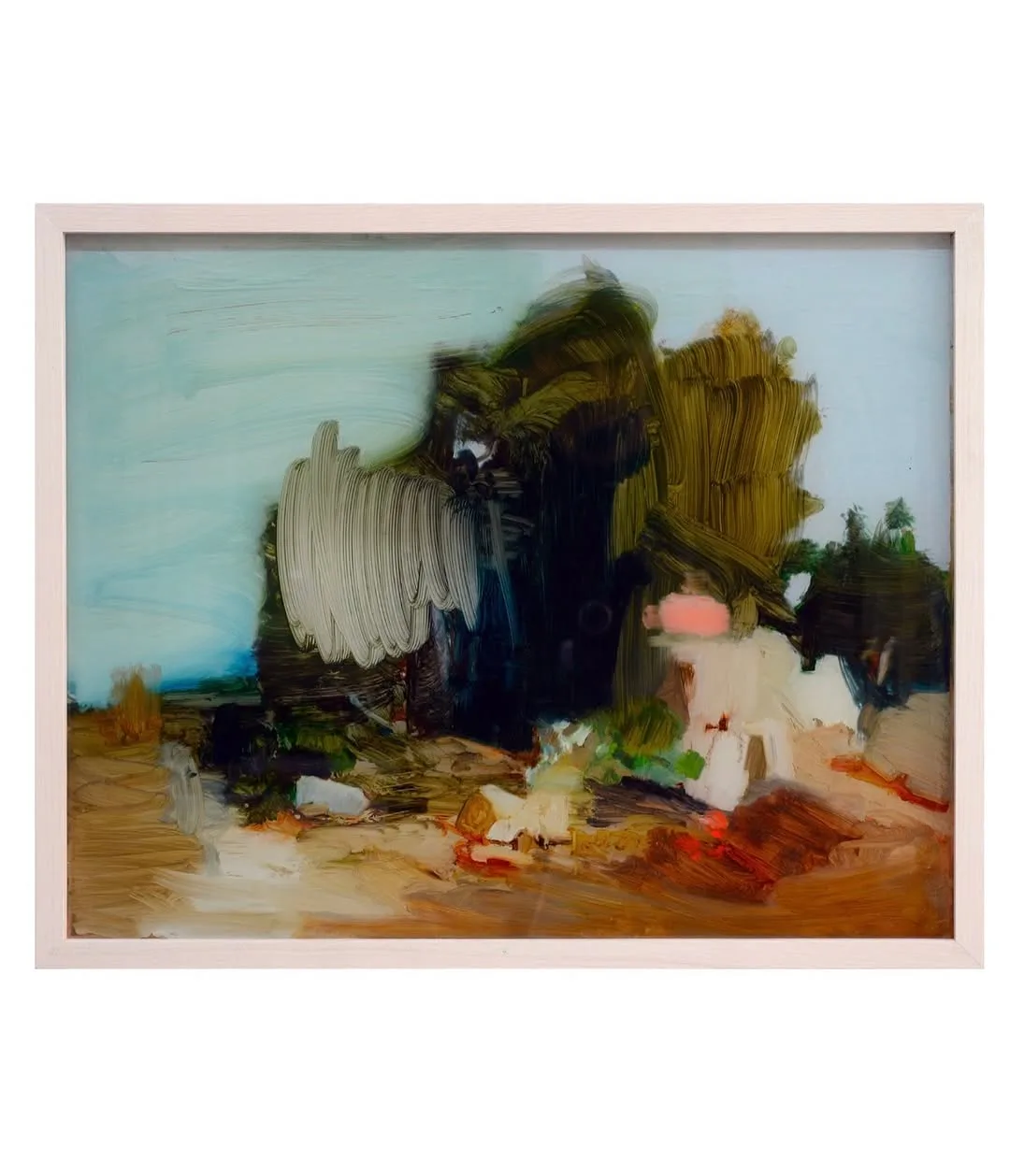 Abstract mixed-media painting with gestural brushstrokes in earth tones, whites, and blues, depicting a landscape with indistinct forms and layered textures.