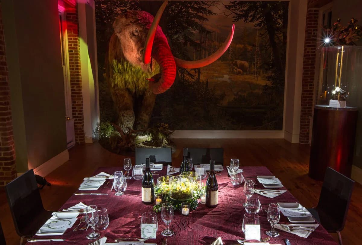 Elegant event dining space with formal place settings, neon red curved sculptural installation, and atmospheric red lighting.
