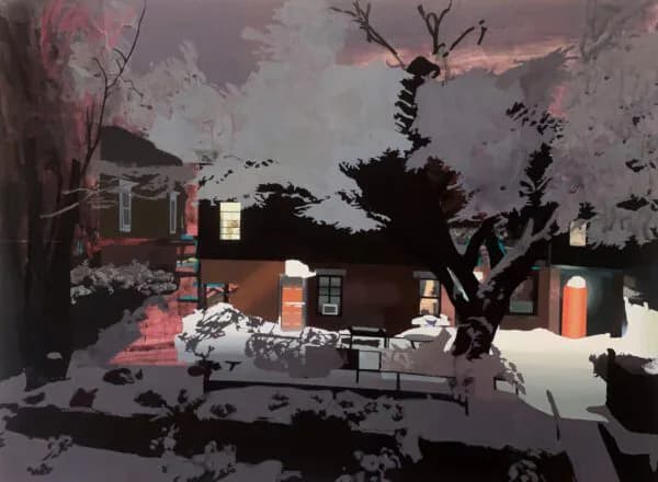 Digital mixed-media artwork depicting a surreal landscape with gnarled trees, buildings, and atmospheric pink and black tones.