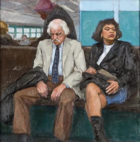 Oil painting of two figures sitting on a teal bench in an interior space with muted brown, gray, and blue tones.