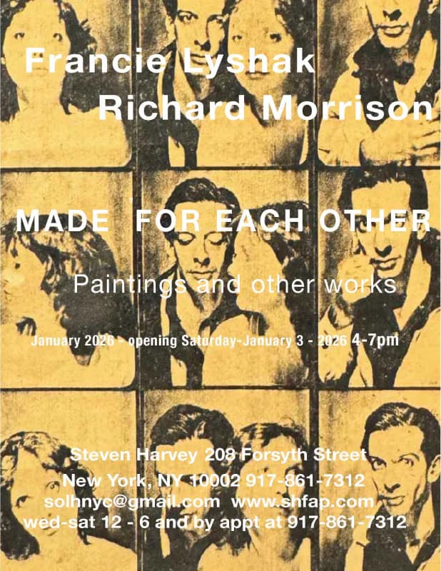 Exhibition poster for 'Made for Each Other' by Francie Eysshak and Richard Morrison, featuring pop-art style repeated portrait grid in yellow tones.
