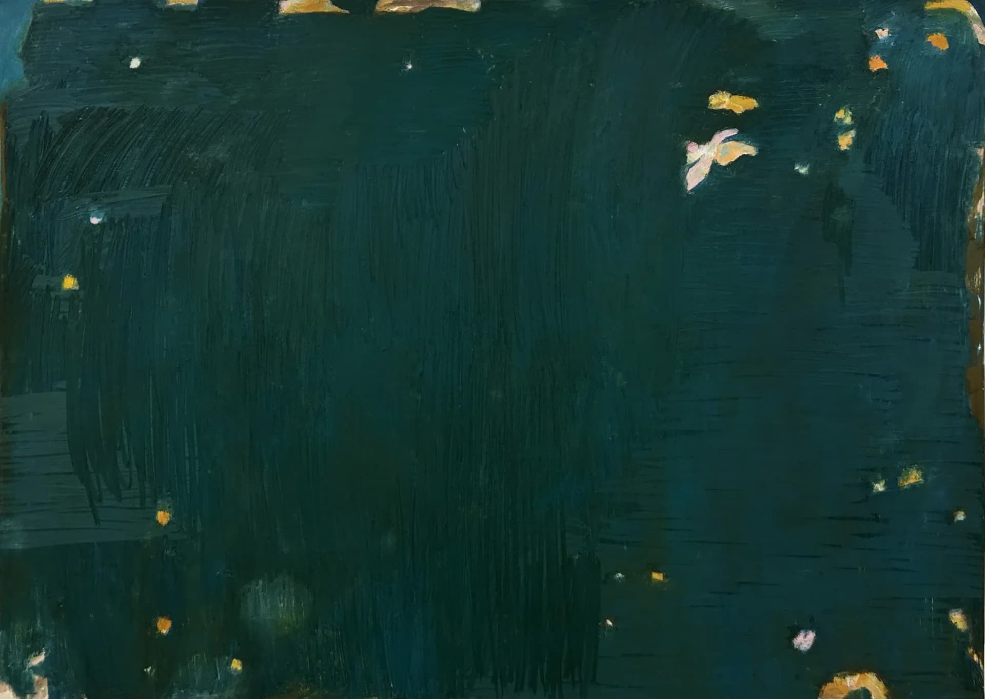 Abstract painting with deep teal background and scattered gold, cream, and white gestural marks suggesting a nocturnal or celestial composition.