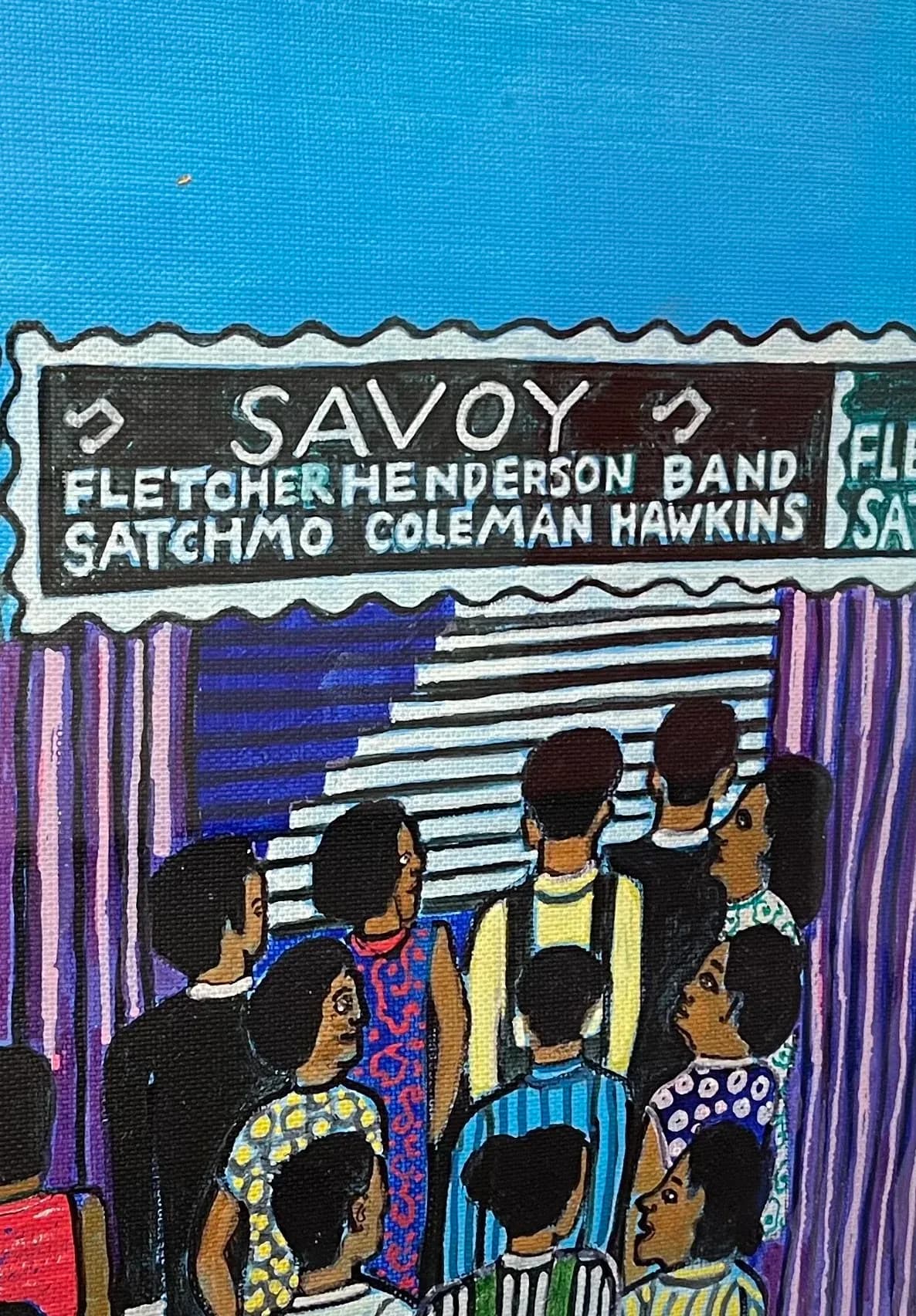 Textile or mixed-media artwork depicting Savoy Ballroom marquee with Fletcher Henderson Band and Satchmo Coleman Hawkins names, featuring stylized crowd of figures in vibrant colors against blue background.