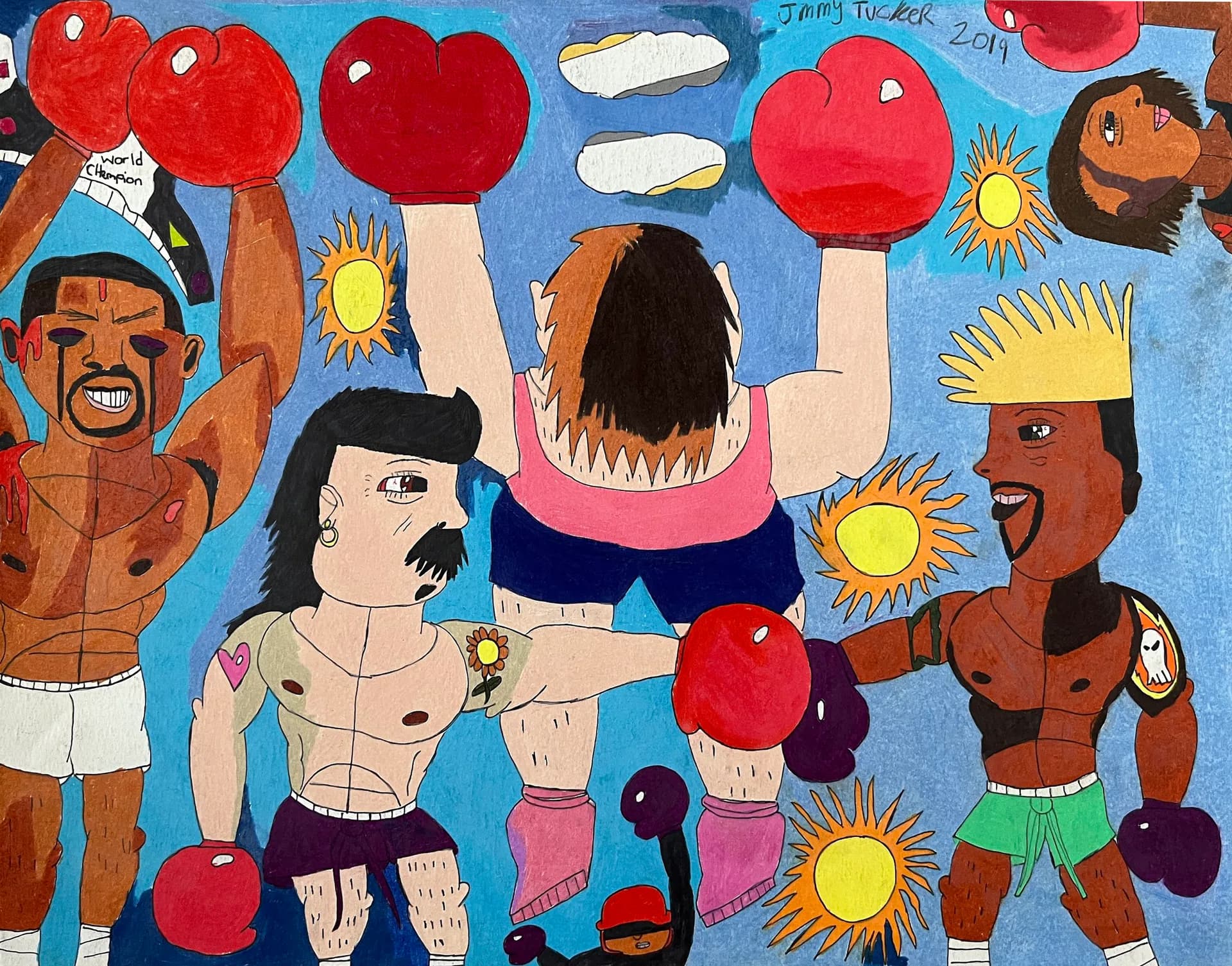 Vibrant mixed-media painting featuring muscular boxer figures in bright colors with red gloves, yellow suns, and expressive faces against a blue background.